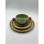 Kimya Ceramics Handmade Seramik Tabak Seti ve Kulplu Kase(Kivi Desenli) - 4' lü