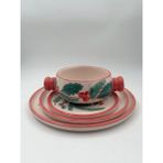 Kimya Ceramics Handmade Seramik Tabak Seti ve Kulplu Kase(Yılbaşı Desenli) - 4' lü