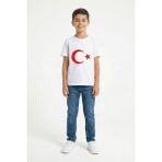 Kinderos Unisex Çocuk Bisiklet Yaka Türk Bayrak Baskılı Kısa Kollu Tişört - Beyaz - 7 - 8 Yaş