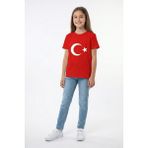 Kinderos Unisex Çocuk Bisiklet Yaka Türk Bayrak Baskılı Kısa Kollu Tişört - Kırmızı - 13 - 14 Yaş
