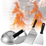 Kinfezlon Burger Smasher Seti, Paslanmaz Çelik Burger Smasher Seti, Profesyonel Burger Smasher Seti, 4 Parçalı 1 x Burger Smasher, 1 x Burger Çanı, 2 x Izgara Spatulası, Lezzetli Hamburger, Teppanyaki