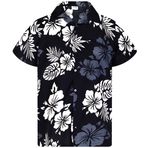 King Kameha Funky Hawaii gömleği erkek kısa kollu ön cep Hawaii baskısı tatil plaj çiçek mono ebegümeci çiçek baskı, Mono Hibiscus Siyah Beyaz, XS