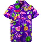 King Kameha Funky Hawaii Kısa Kol Baskılı Flamingo Kavun Moru Erkek Gömlek