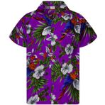 King Kameha Funky Hawaii Kısa Kol Ön Cepli Baskılı Mor Kiraz Papağanı Erkek Gömlek