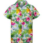 King Kameha Funky Hawaii Kısa Kol Ön Cepli Çiçek Baskılı Pineapple Flowers Açık Mavi Erkek Gömlek