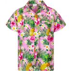 King Kameha Funky Hawaii Kısa Kol Ön Cepli Çiçek Baskılı Pineapple Flowers Açık Pembe Erkek Gömlek