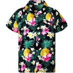 King Kameha Funky Hawaii Kısa Kol Ön Cepli Çiçek Baskılı Pineapple Flowers Siyah Erkek Gömlek