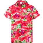 King Kameha Funky Hawaii Kısa Kol Ön Cepli Flamingo Çiçekleri Palmiye Kırmızı Erkek Gömlek