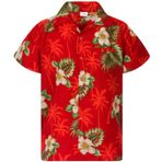 King Kameha Funky Hawaii Kısa Kol Ön Cepli Flower Design Kırmızı Erkek Gömlek