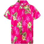 King Kameha Funky Hawaii Kısa Kol Ön Cepli Flower Design Macenta Erkek Gömlek