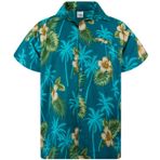 King Kameha Funky Hawaii Kısa Kol Ön Cepli Flower Design Petrol Yeşili Erkek Gömlek