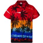 King Kameha Funky Hawaii Kısa Kol Ön Cepli Şık Çiçekli Baskılı Palmiye Kırmızı Erkek Gömlek