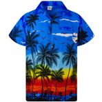 King Kameha Funky Hawaii Kısa Kol Ön Cepli Şık Çiçekli Baskılı Palmiye Mavi Erkek Gömlek