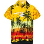 King Kameha Funky Hawaii Kısa Kol Ön Cepli Şık Çiçekli Baskılı Palmiye Sarı Erkek Gömlek