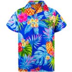 King Kameha Funky Hawaii Şık Kısa Kol Ön Cepli Ananas Mavi Erkek Gömlek