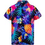 King Kameha Funky Hawaii Şık Kısa Kol Ön Cepli Pineapple Siyah Mavi Erkek Gömlek