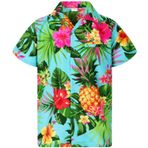 King Kameha Funky Hawaii Şık Kısa Kol Ön Cepli Pineapple Turkuaz Erkek Gömlek