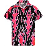 King Kameha Funky Hawaii Style Rockn Roll Alevli Kısa Kol Flames Wild Deisng Pink Erkek Gömlek