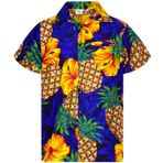 King Kameha Hawaii gömleği, kısa kollu gömlek, yazlık gömlek, parti gömleği, Mavi (Pineapplehibiscus-Blue), 3XL