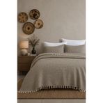 King Size Dokuma Pike Takımı 240x260 cm 2 Yastık Kılıflı Saçak Detaylı Örtü Seti Bej