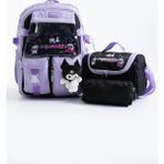 Kingston Hill Kawaii Kore Tarzı Çok Bölmeli Ilkokul Çantası 3 Lü Set (Çanta + Termal Beslenme + Kalemlik) - Sırt Çantası Seti - Mor-Siyah - 44x20x30