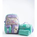 Kingston Hill Kawaii Kore Tarzı Çok Bölmeli Ilkokul Çantası 3 Lü Set (Çanta + Termal Beslenme + Kalemlik) - Yeşil - Mor - 1 Adet