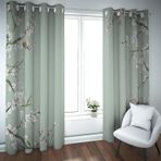Kiraz Çiçeği Karartma Perdeleri - Oturma Odası ve Yatak Odası Dekoru için Polyester Kuşgözü Perdeler - Adaçayı Yeşili Çiçekli Pencere Uygulaması - 80 x 110 cm 2 Panel Seti