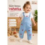 Kiraz Desenli Esnek Kot Bebek Salopet Tulum Takım –kısa Kollu Baharlık Bebek Takım 6-24 Ay - 9-12M - Kırmızı