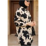 Kirazca Butik Kadın Premium Kontrast Desenli Oversize Gömlek Yaka Tesettür Tunik Rahat Kalıp