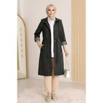 Kirazgym Kadın Çizgili Astarlı Trençkot Kaban - Siyah