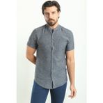 Kırçıllı Antrasit Rengi Slim Fit Hakim Yaka Kısa Kollu Keten Erkek Gömlek
