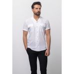 Kırcıllı Cep Detaylı Beyaz Renk Slim Fit Kısa Kollu Apaç Yaka Keten Erkek Gömlek - 2XL