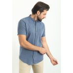 Kırçıllı Koyu Lacivert Slim Fit Hakim Yaka Kısa Kollu Keten Erkek Gömlek