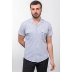 Kırçıllı Lacivert Renk Slim Fit Apaç Yaka Kısa Kollu Erkek Gömlek - Lacivert-Ekru