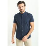 Kırçıllı Lacivert Renk Slim Fit Hakim Yaka Kısa Kollu Keten Erkek Gömlek
