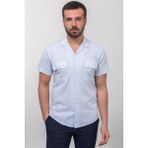 Kırçıllı Mavi Beyaz Renk Slim Fit Apaç Yaka Kısa Kollu Erkek Gömlek - XL - Mavi-Ekru