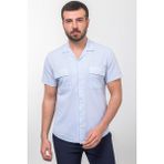 Kırçıllı Mavi Renk Slim Fit Apaç Yaka Kısa Kollu Erkek Gömlek - 2XL