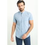 Kırçıllı Mavi Renk Slim Fit Hakim Yaka Kısa Kollu Keten Erkek Gömlek
