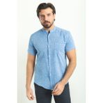 Kırçıllı Saks Rengi Slim Fit Hakim Yaka Kısa Kollu Keten Erkek Gömlek - XL