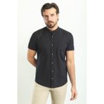 Kırçıllı Siyah Renk Slim Fit Hakim Yaka Kısa Kollu Keten Erkek Gömlek
