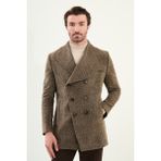 Kırçıllı Slim Fit Geniş Şal Yaka Çapraz Düğmeli Yün Erkek Kaban - Haki - 54