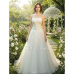 Kırık Beyaz Güpür Gelinlik, Straplez Kalp Yaka, Tül Etek, Prenses Stil, Uzun Kuyruklu Bridal Elbise