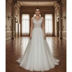 Kırık Beyaz V Yaka Gelinlik, A-Line Tül Etek, Dantel İşlemeli Bodice, Korset Sırt