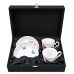 Kirkham Butterfly 2 Kişilik Espresso Fincan Takımı, İnce Kemik Çini Porselen, Beyaz Pembe, Kelebek Desenli, Kadife Kutulu