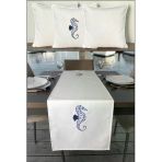 Kırlent Kılıfı 45X45 3'Lü Set + 145X40 Runner Marin Nakışlı Deniz Atı Desen Su İtici Outdoor Keten