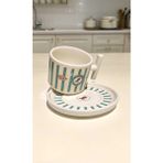 KirLinova Vintage Çizgili Kuş Desenli Kupa Fincanı Şık Tabaklı Kupa - Kahve - Mint Yeşili