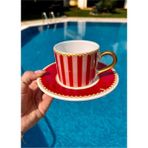 Kırmızı Altın Desenli 130 ml 2'li Seramik Espresso Fincan Takımı - Seçenek 1