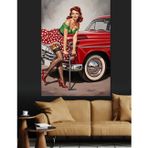 Kırmızı Araba Pin-Up Kız Dekoratif Kanvas - Mdf Ahşap Tablo