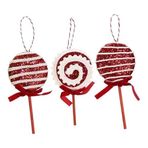 Kırmızı Beyaz Noel Şeker Temalı Ağaç Süsü, Simli Yılbaşı Topu, Kurdele Detaylı, 3'li Set 15 cm