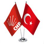 Kırmızı CHP ve Türkiye - İkili Saten Masa Bayrağı Set